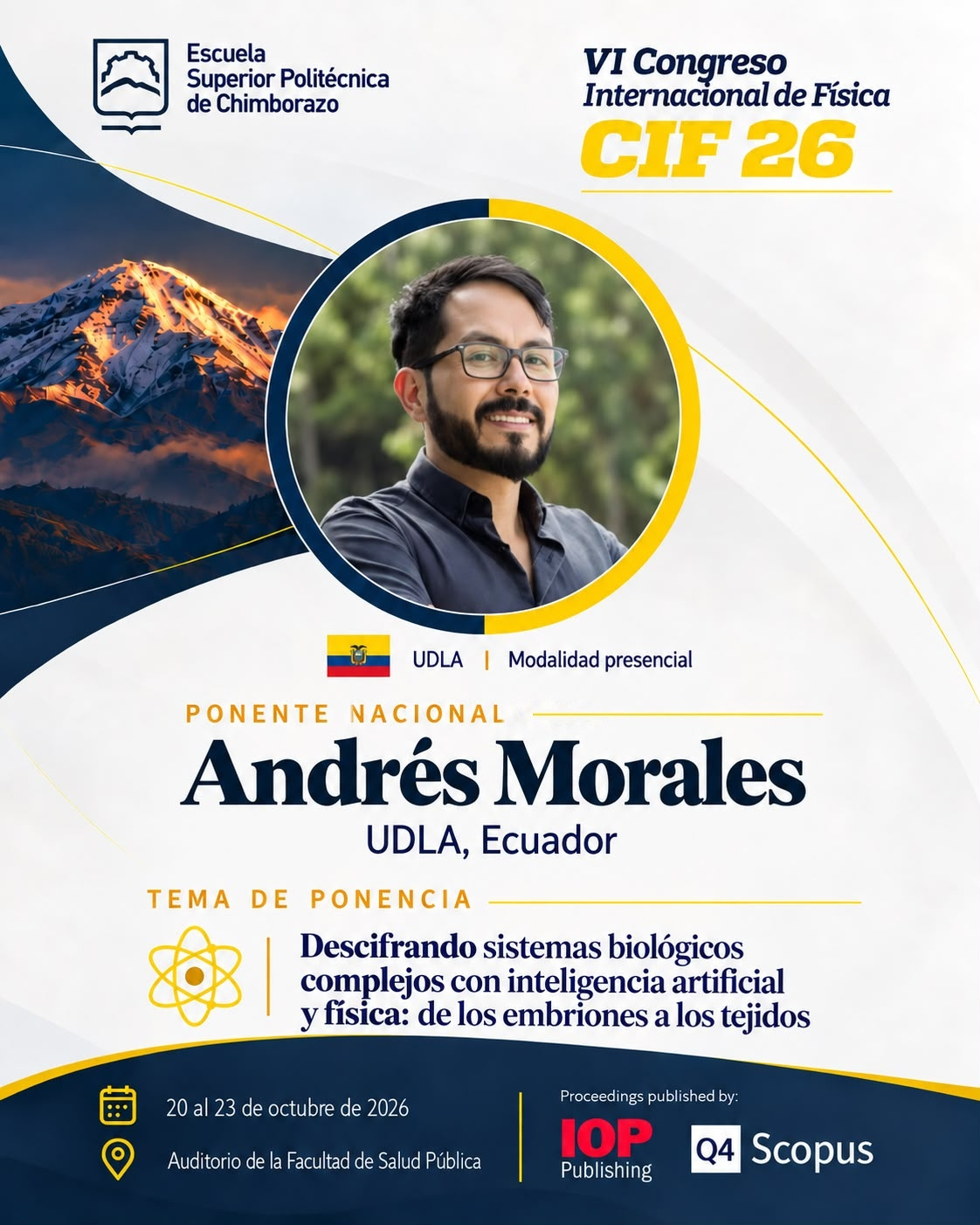 Afiche de Andrés Morales: ponente nacional, UDLA, Ecuador